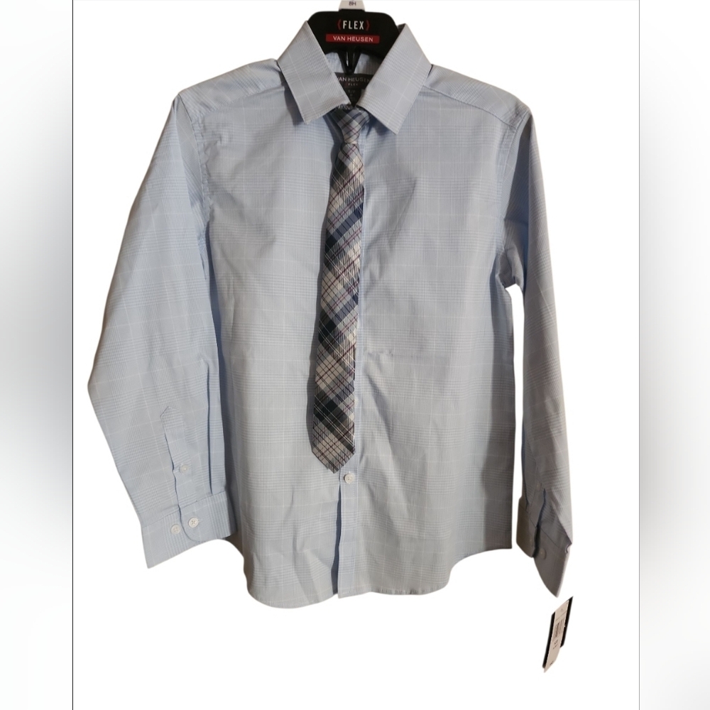 Van Heusen Flex Boys Button-Up Blue Plaid Shirt Clip Tie Set NWT!